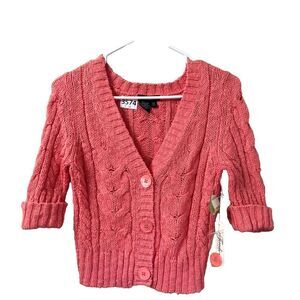 Fredini Womens Coral Cardigan Sweater S/M Chunky Knit Roll Tab Sleeve NWT